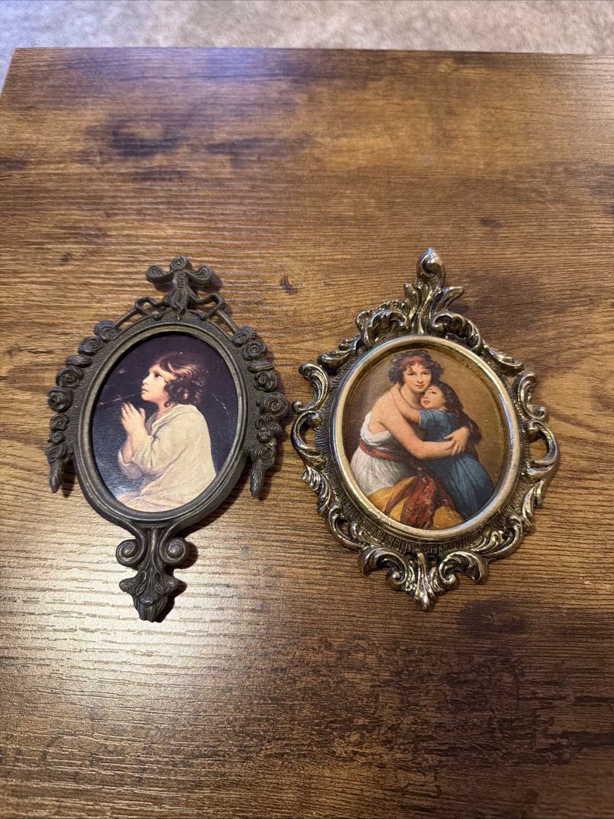 2 Vintage Italy Ornate Brass Oval Wall Frame Mother & Child  Silk Portrait Pray