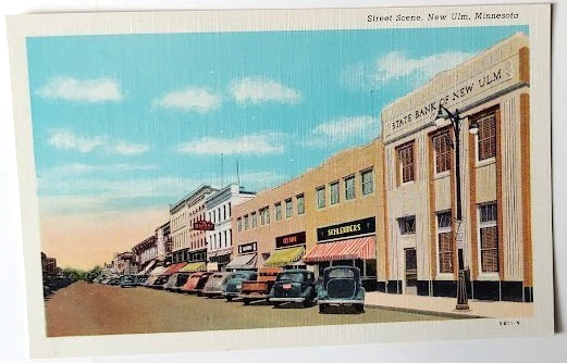 VTG 1945 NEW ULM MN Postcard DOWNTOWN STREET SCENE Teich Archives MINT