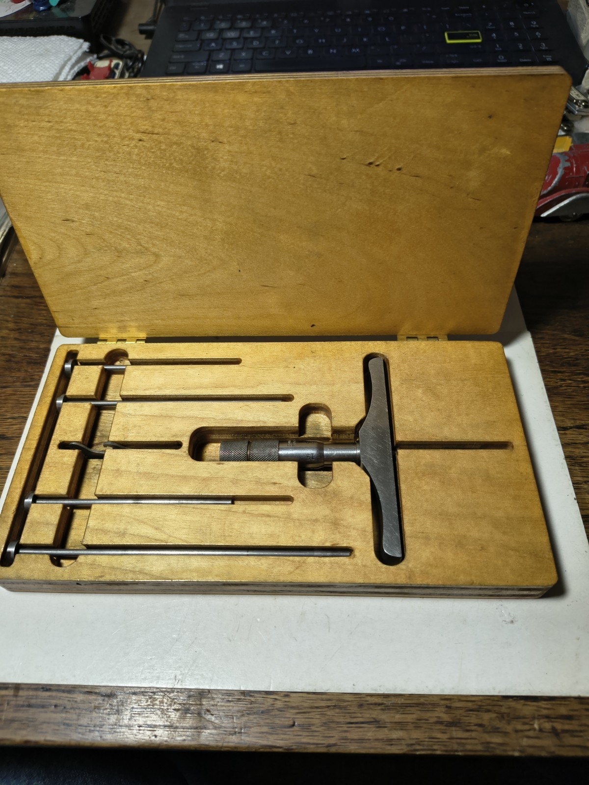 🇺🇸Brown & Sharpe No.607 Depth Micrometer 4 Rods Wood Box Machinist Tool 🇺🇸