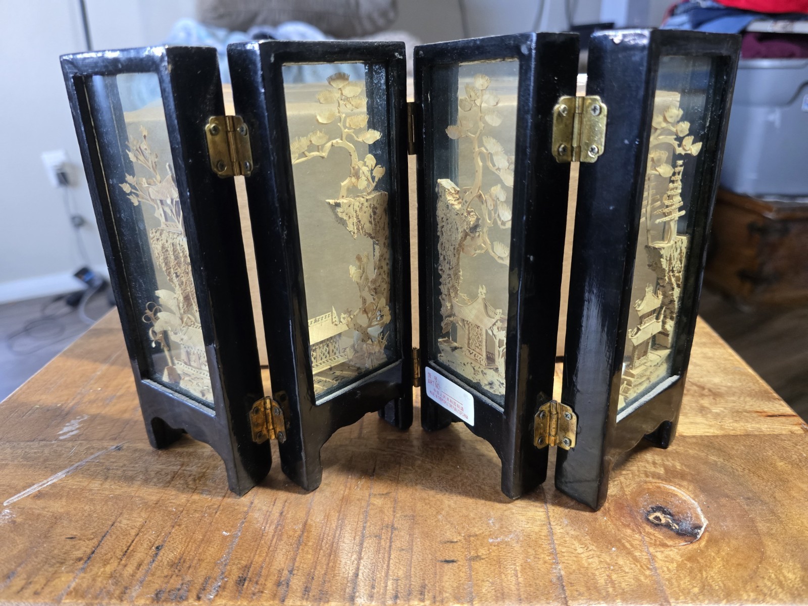 Carved Cork Diorama Brown Lacquer/Glass 4Panel Mini Divider Folding Screen Asian Carved Cork Diorama Brown Lacquer/Glass 4Panel Mini Divider Folding Screen Asian