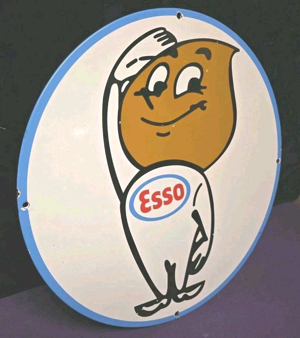 Vintage Porcelain Sign Esso Oil Drop Boy Gas Pump Advertising 15-3/4 Vintage Porcelain Sign Esso Oil Drop Boy Gas Pump Advertising 15-3/4