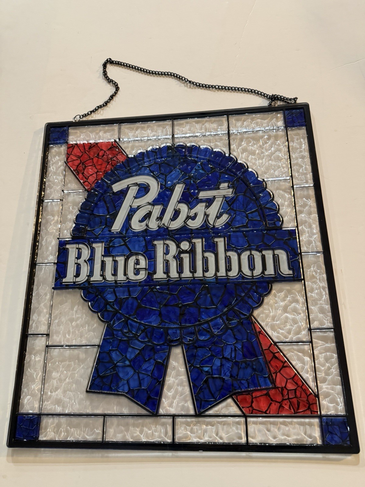 Pabst Blue Ribbon Replica Stained Glass Style Sign W/Hanging Chain Pabst Blue Ribbon Replica Stained Glass Style Sign W/Hanging Chain