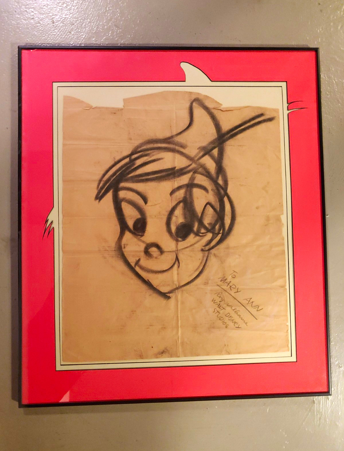 Walt Disney Studios Peter Pan Original Framed Sketch Drawing Inscribed