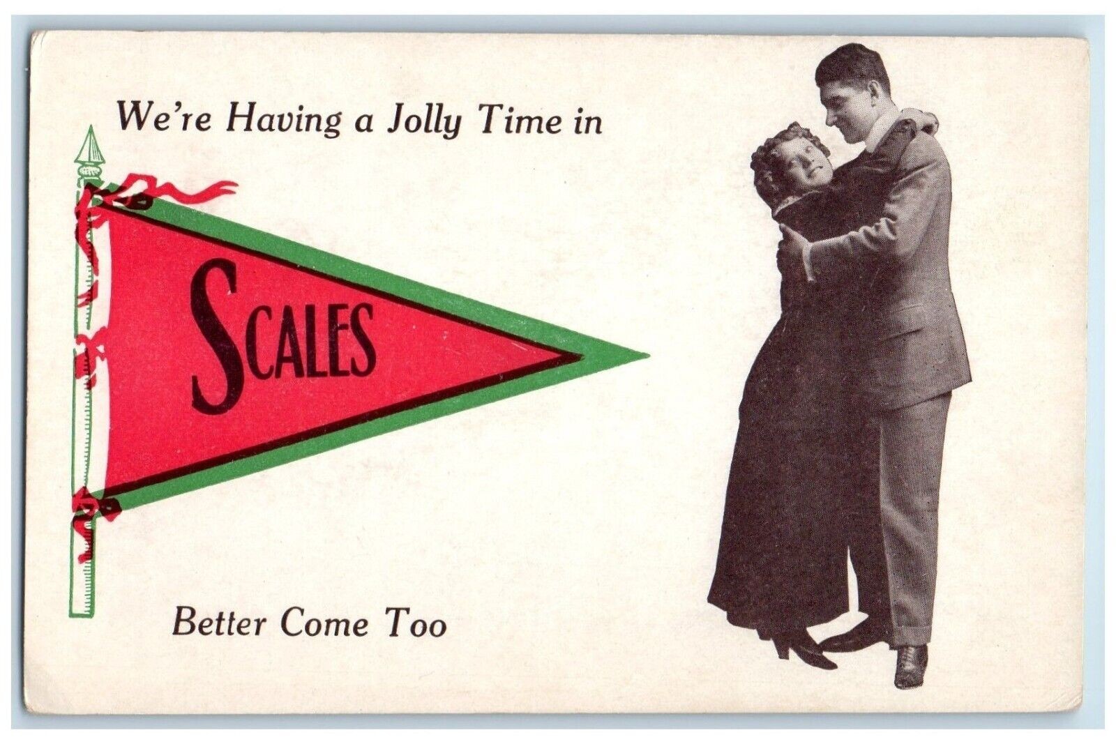 DPO 1904 1909 Scales OK Postcard Couple Romance Hugging Pennant c1910\'s Antique DPO 1904 1909 Scales OK Postcard Couple Romance Hugging Pennant c1910\'s Antique