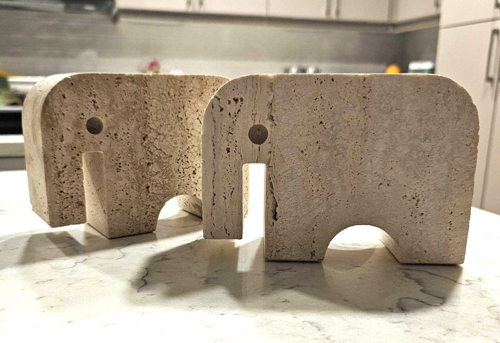 Vintage Italian Travertine Elephant Bookend Sculptures Carrara di Carrara Italia