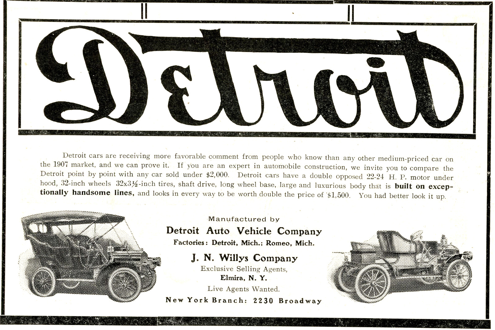 1907 Original Detroit Cars Ad. 2 Models. John Willys Before Overland (1904-1907)