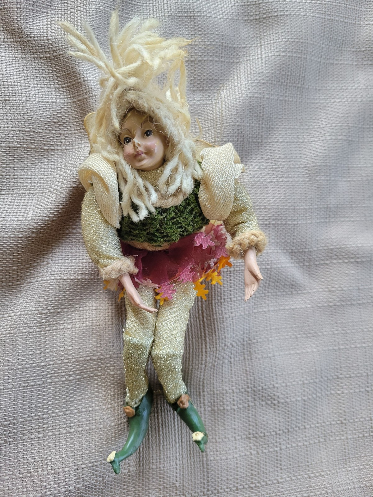 Vintage Woodland Fairy Elf Doll Posable Shelf Sitter Autumn Leaf Core MCM