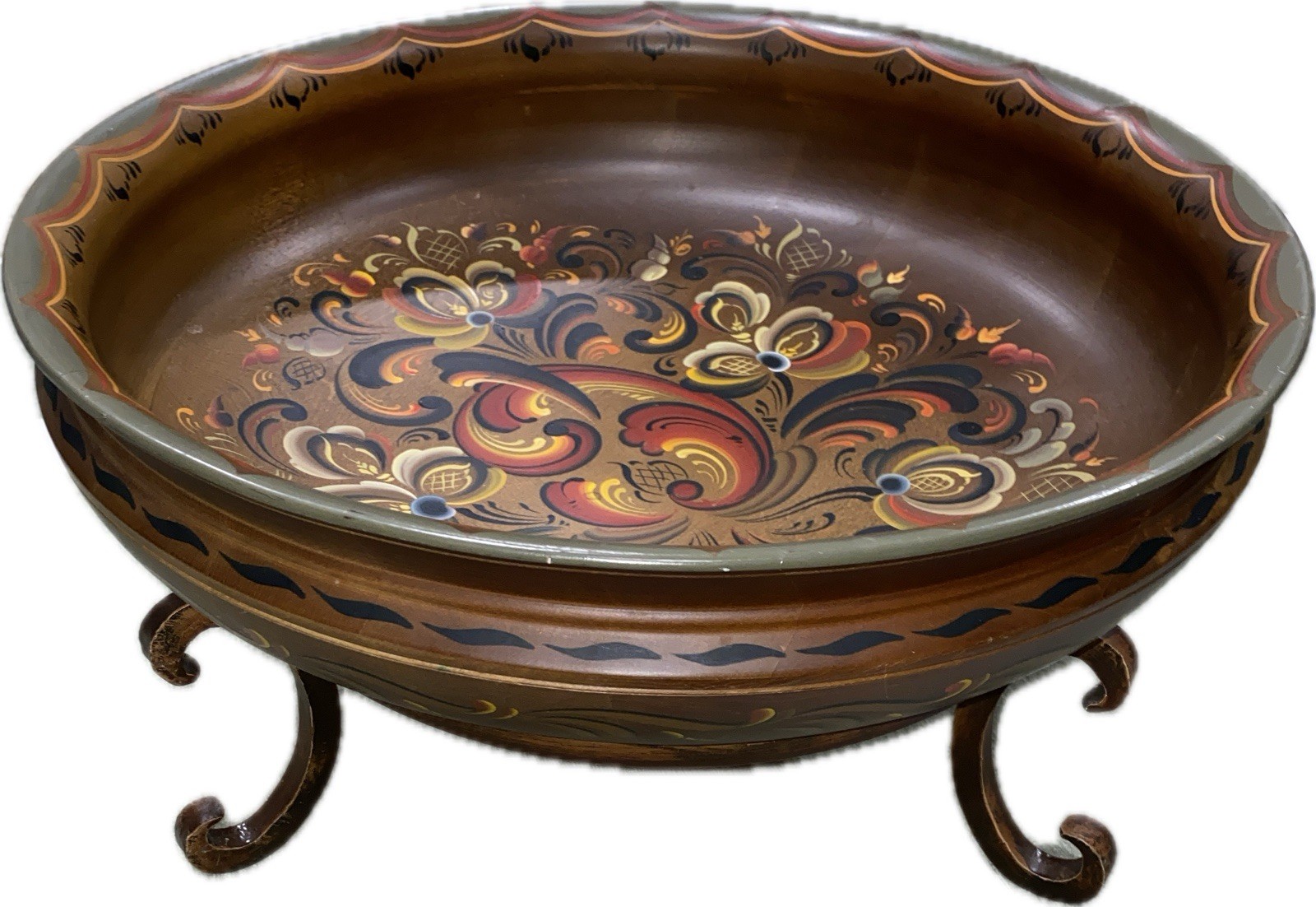 NORWEGIAN ROSEMALING 17” WOOD BOWL With Stand VINTAGE FOLK Statement Piece