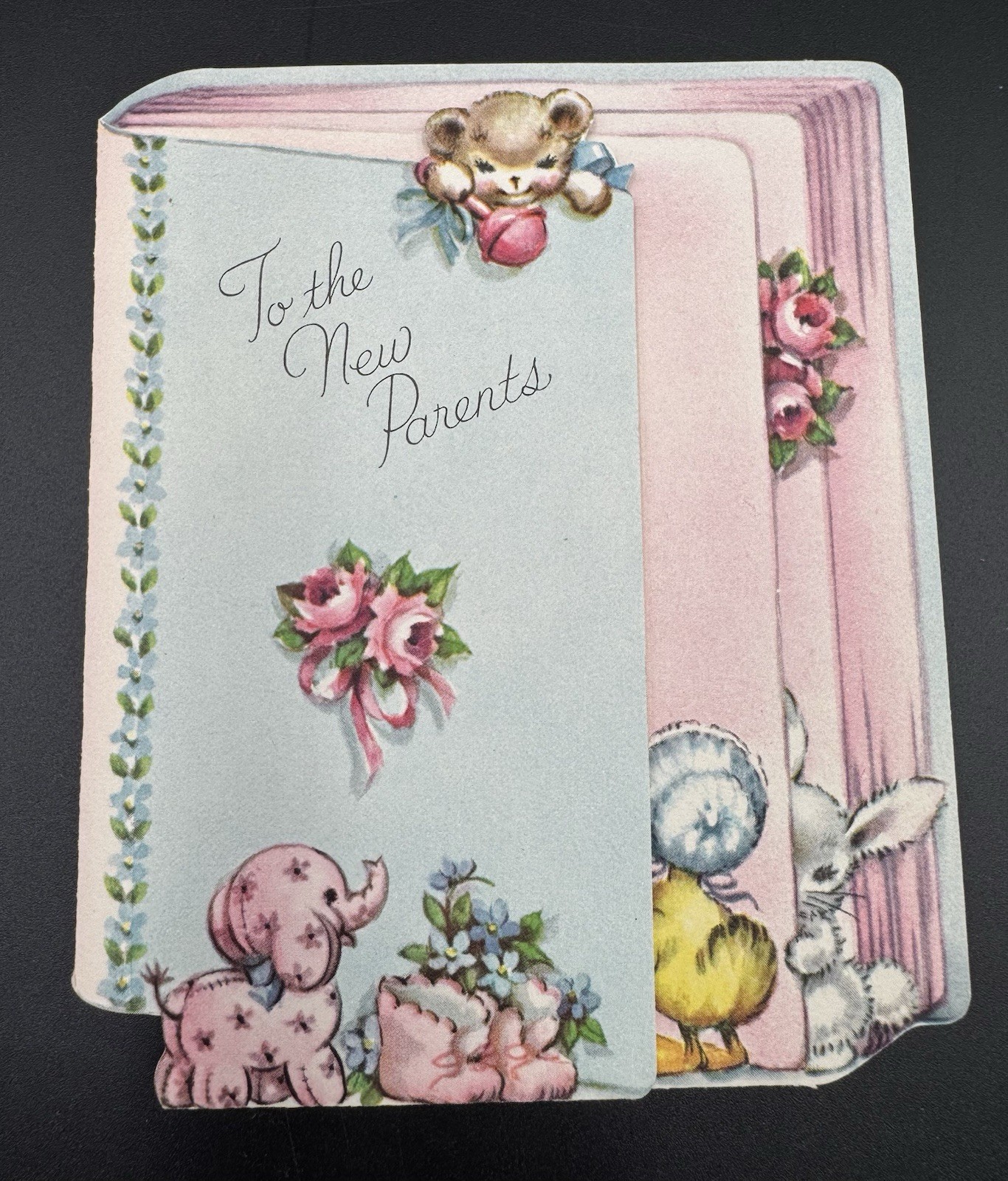 To The New Parents Gibson Greeting Card 1940’s Lamb Chick Bunny Elephant Bear