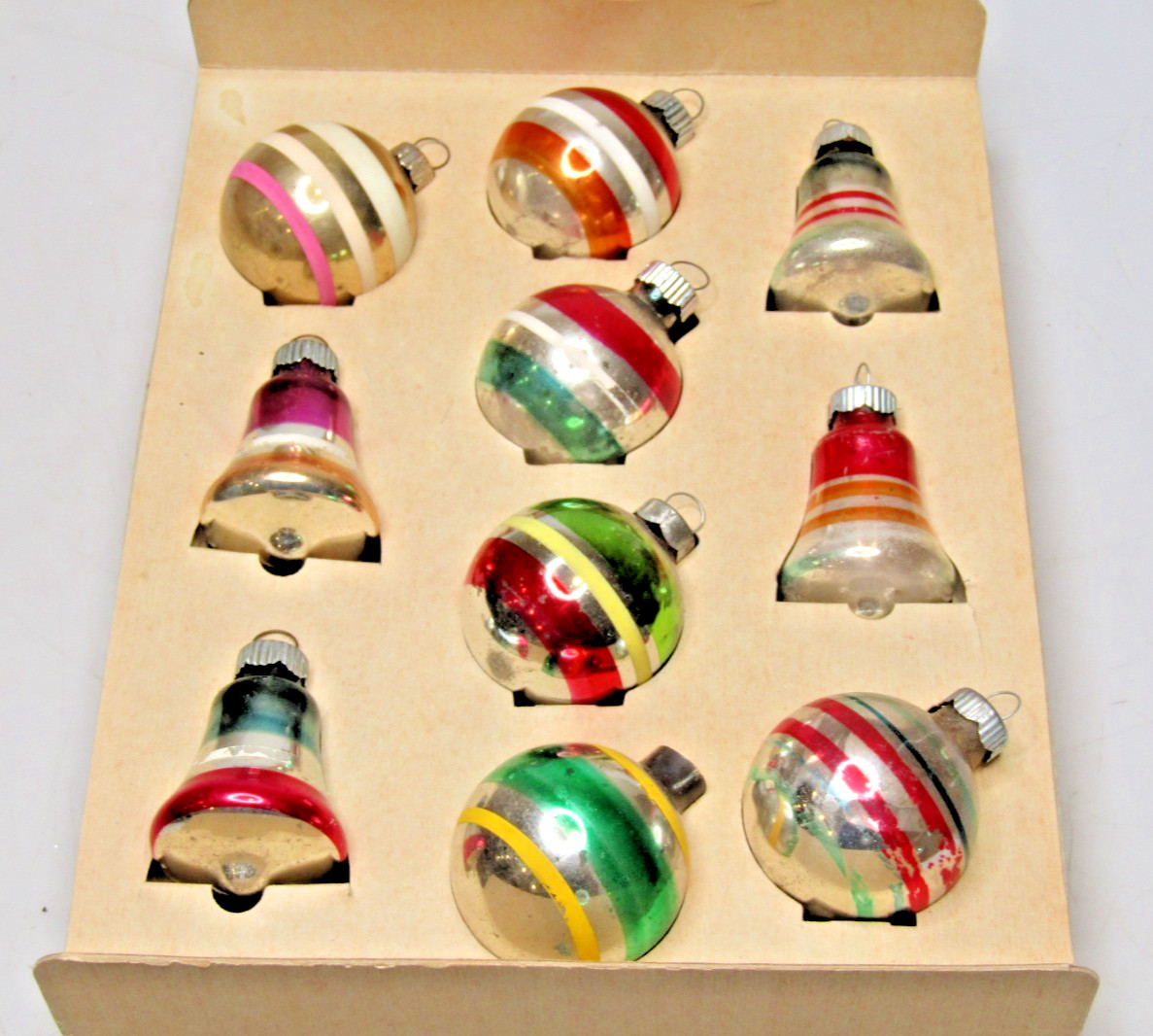 RARE Set Vintage Glass Striped BALL BELL Christmas Ornament Santas World US Made