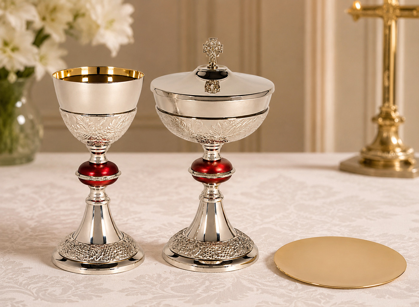 Gold and Nickel Plated Brass Ciborium, Chalice Cup and Paten Grape Pattern Set Gold and Nickel Plated Brass Ciborium, Chalice Cup and Paten Grape Pattern Set