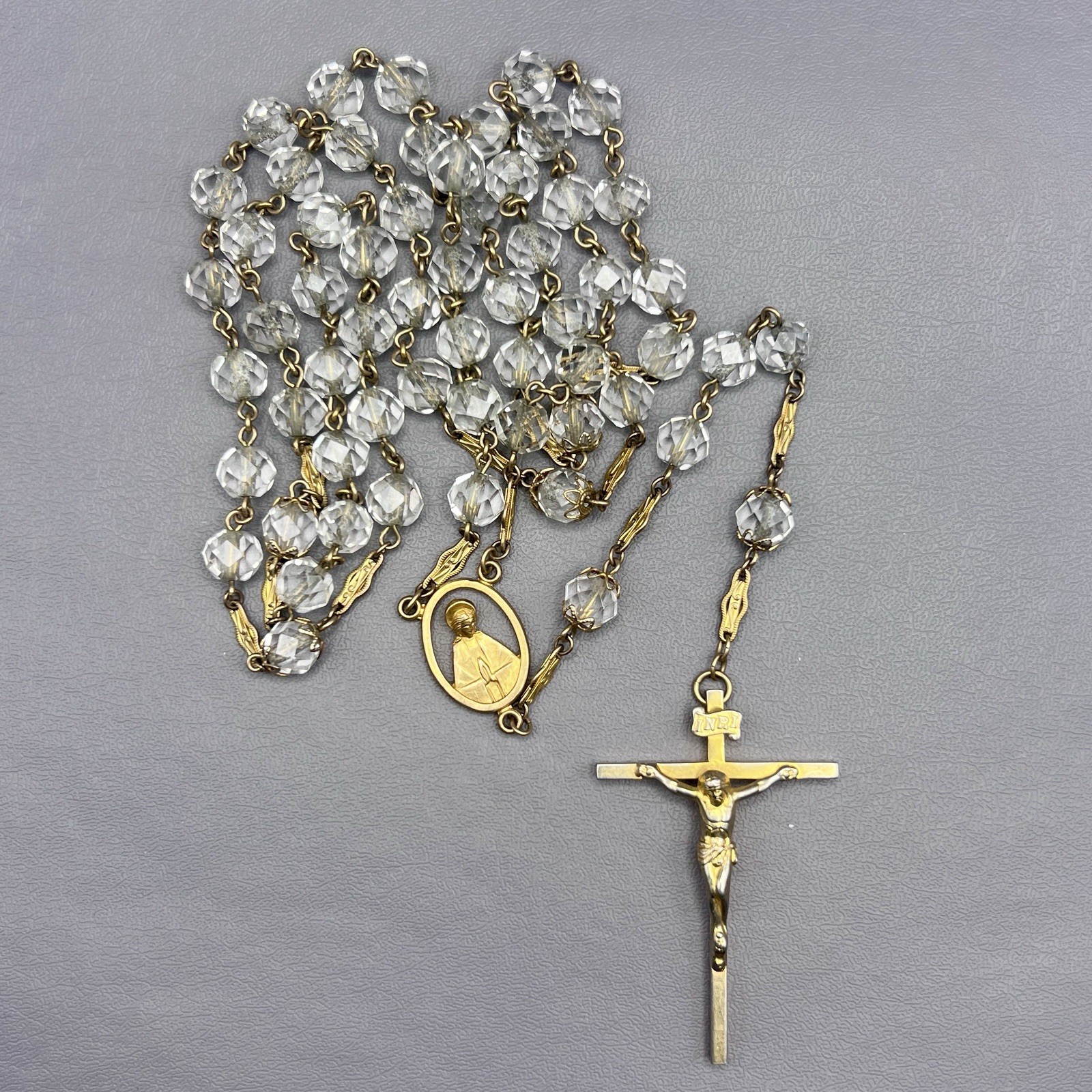 Vintage AFCO 1/20 12KGF Gold Tone Crystal Beads Rosary 24.5