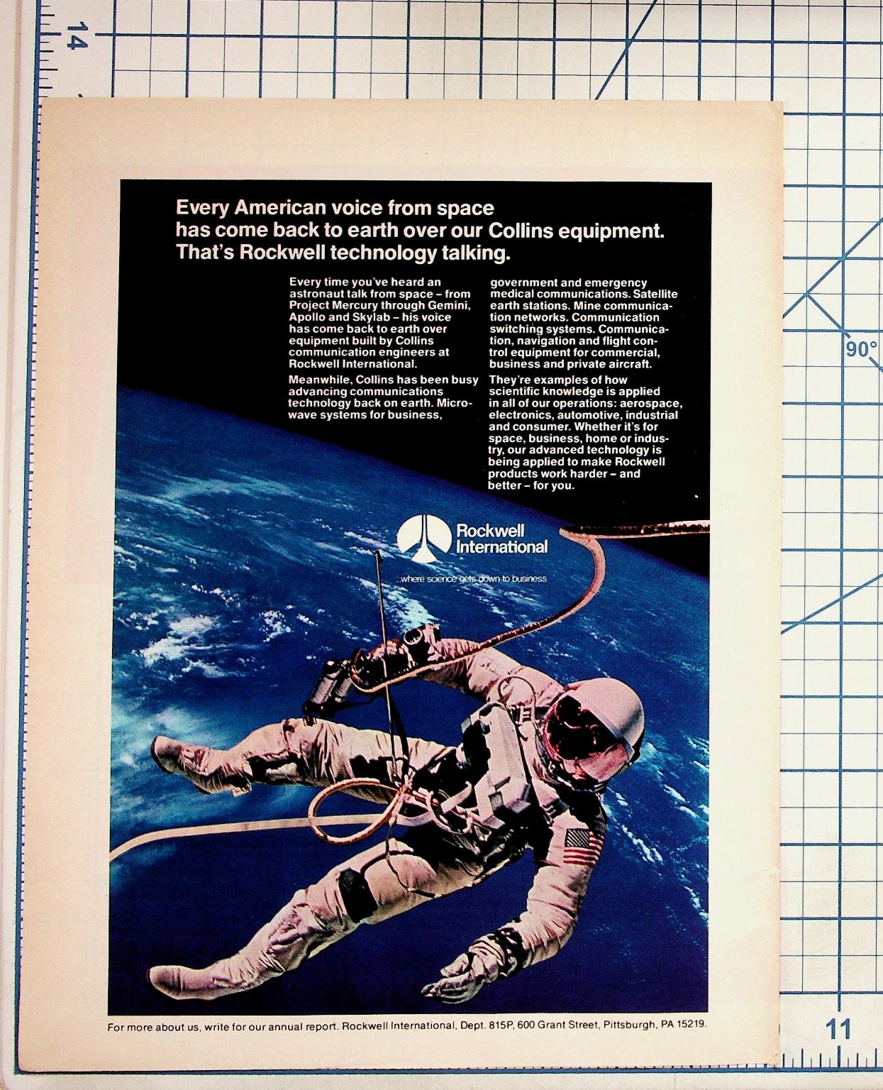 Vintage Rockwell International Space Ad Astronaut Apollo Skylab Communication Vintage Rockwell International Space Ad Astronaut Apollo Skylab Communication
