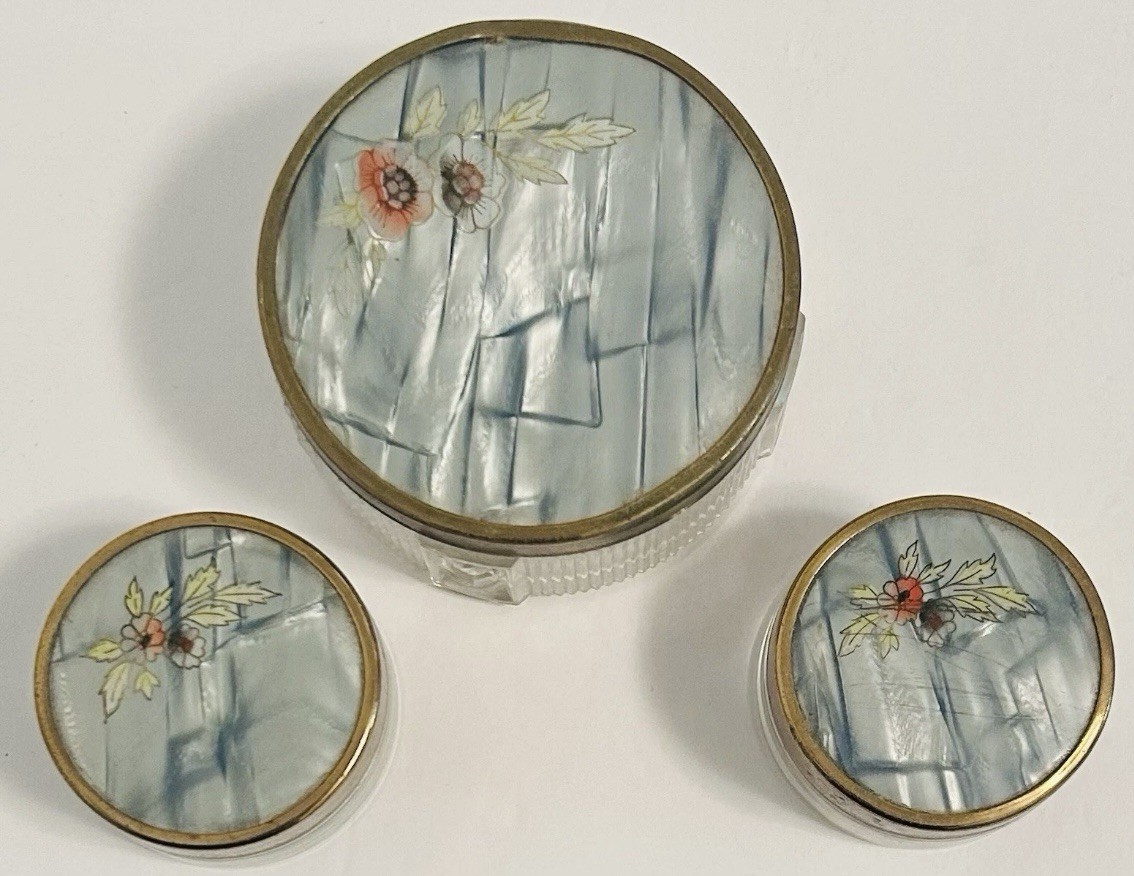 Set Of 3 1920’s Cut Glass Dresser Vanity Jars Sage Green Flowered Lucite Lids Set Of 3 1920’s Cut Glass Dresser Vanity Jars Sage Green Flowered Lucite Lids