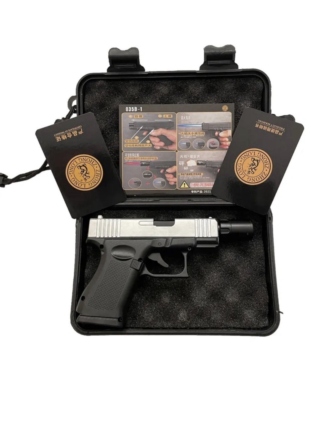 Gun Shaped Lighter METAL Fine Quality W/ Case & Barrel Attachment Black
