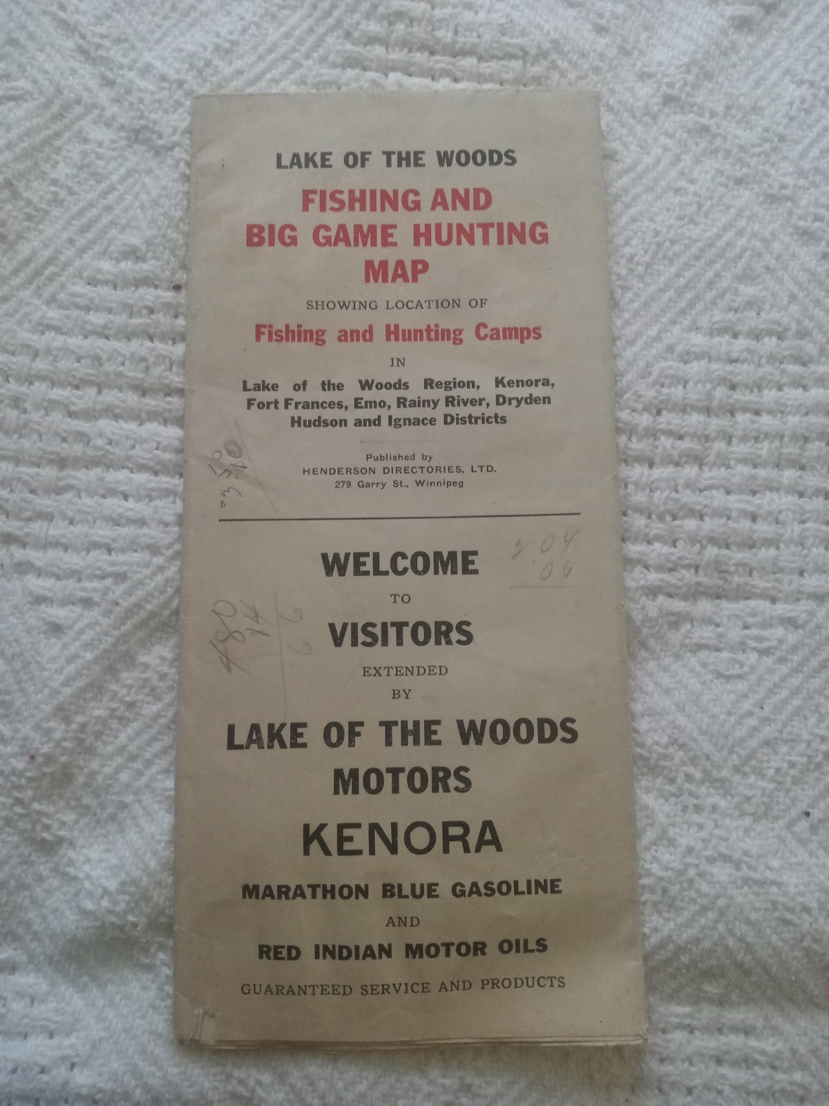 henderson road map vintage lake of the woods fish game kenora red Indian oil ads