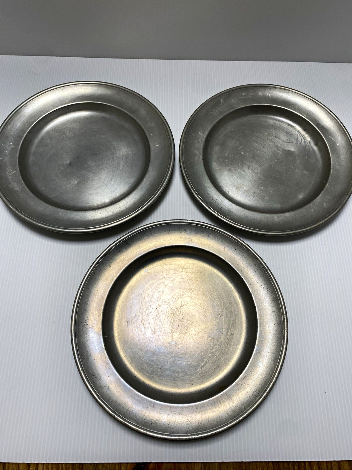 3 Antique German Pewter Plates c1800s BLOCK/FEIN ZINN Angel Touchmarks Set 