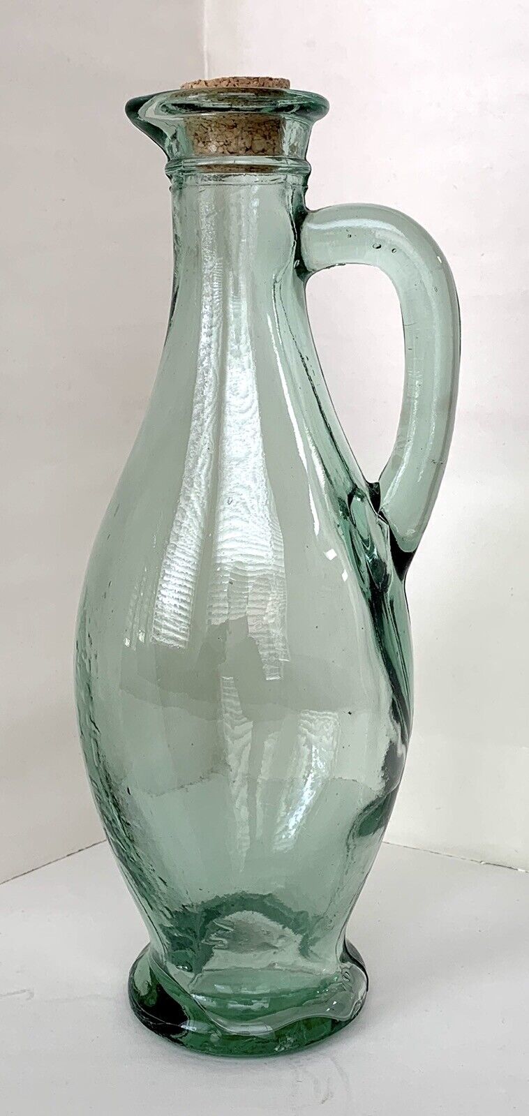 Antique Green Glass Footed Pitcher / Bottle: Thick Heavy Mold Blown 10.6” Tall 