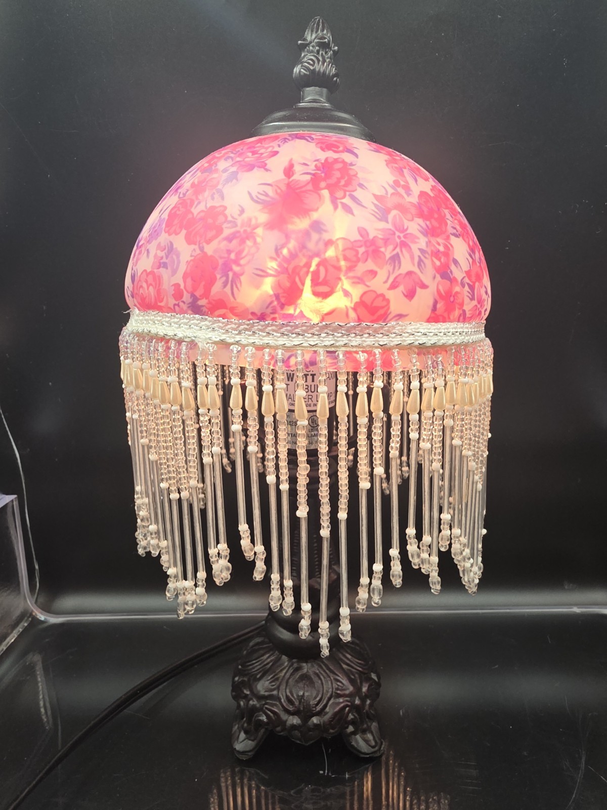Vintage Beaded Boudoir Table Lamp Roses Pink Purple Glass Shade with Tassels Vintage Beaded Boudoir Table Lamp Roses Pink Purple Glass Shade with Tassels