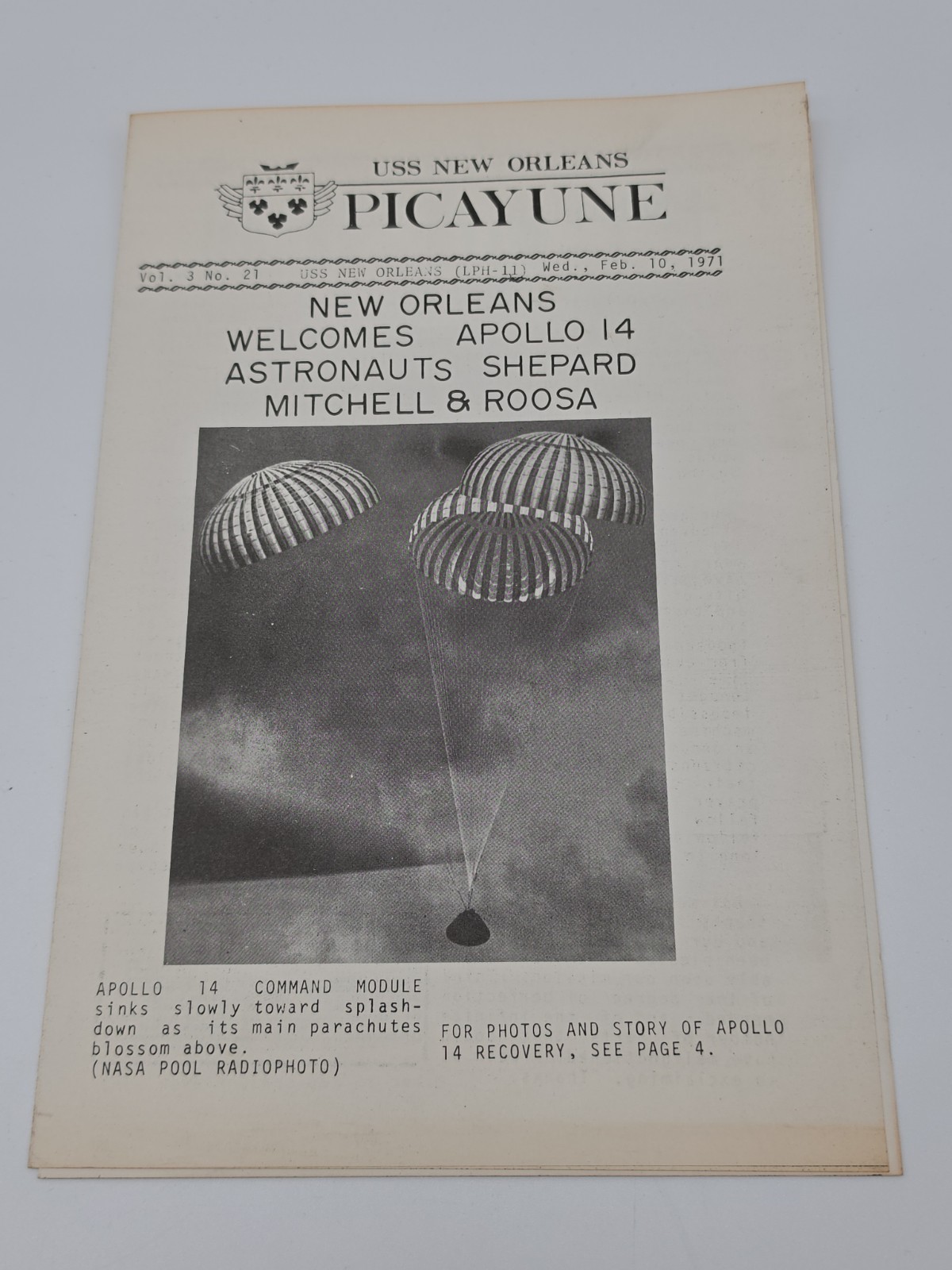 Vintage 1971 USS New Orleans Picayune Ship Newspaper Apollo 14 Space Recovery