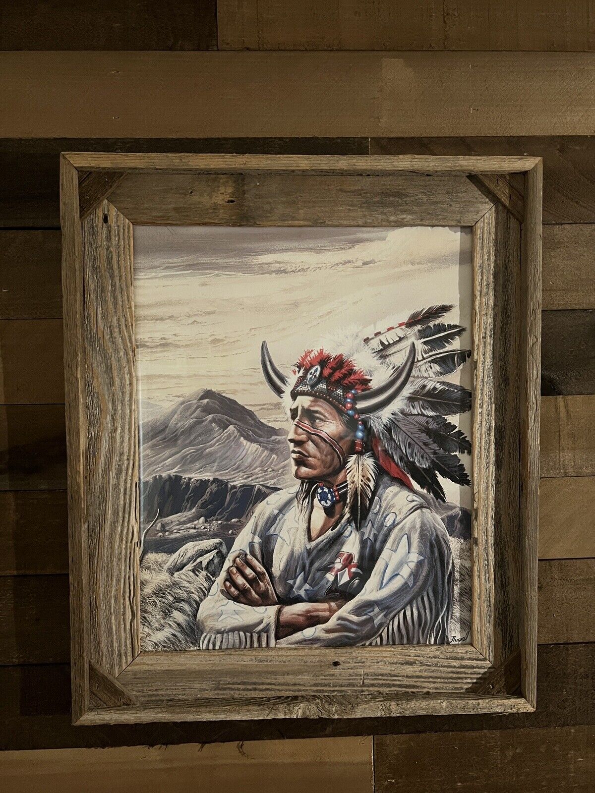 Buffalo Man Chief Native American Painting Reclaimed Wood Rustic Glass Frame