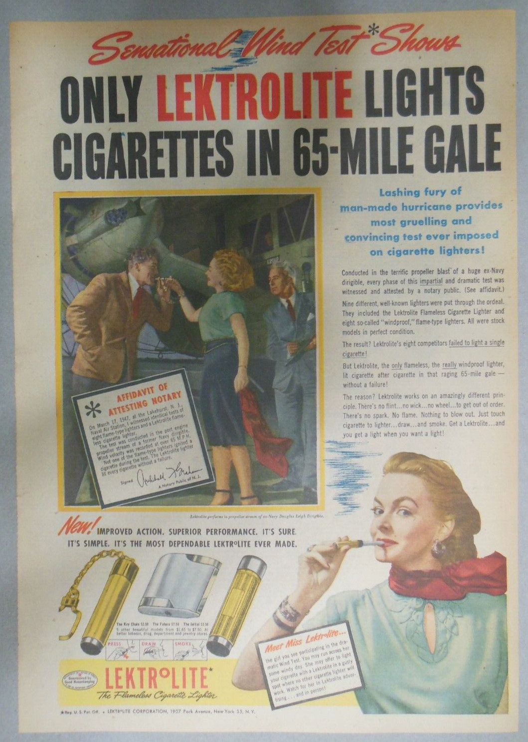 Lektrolite Cigarette Lighter Ad: Sexy Girl  Tabloid Page from 1947