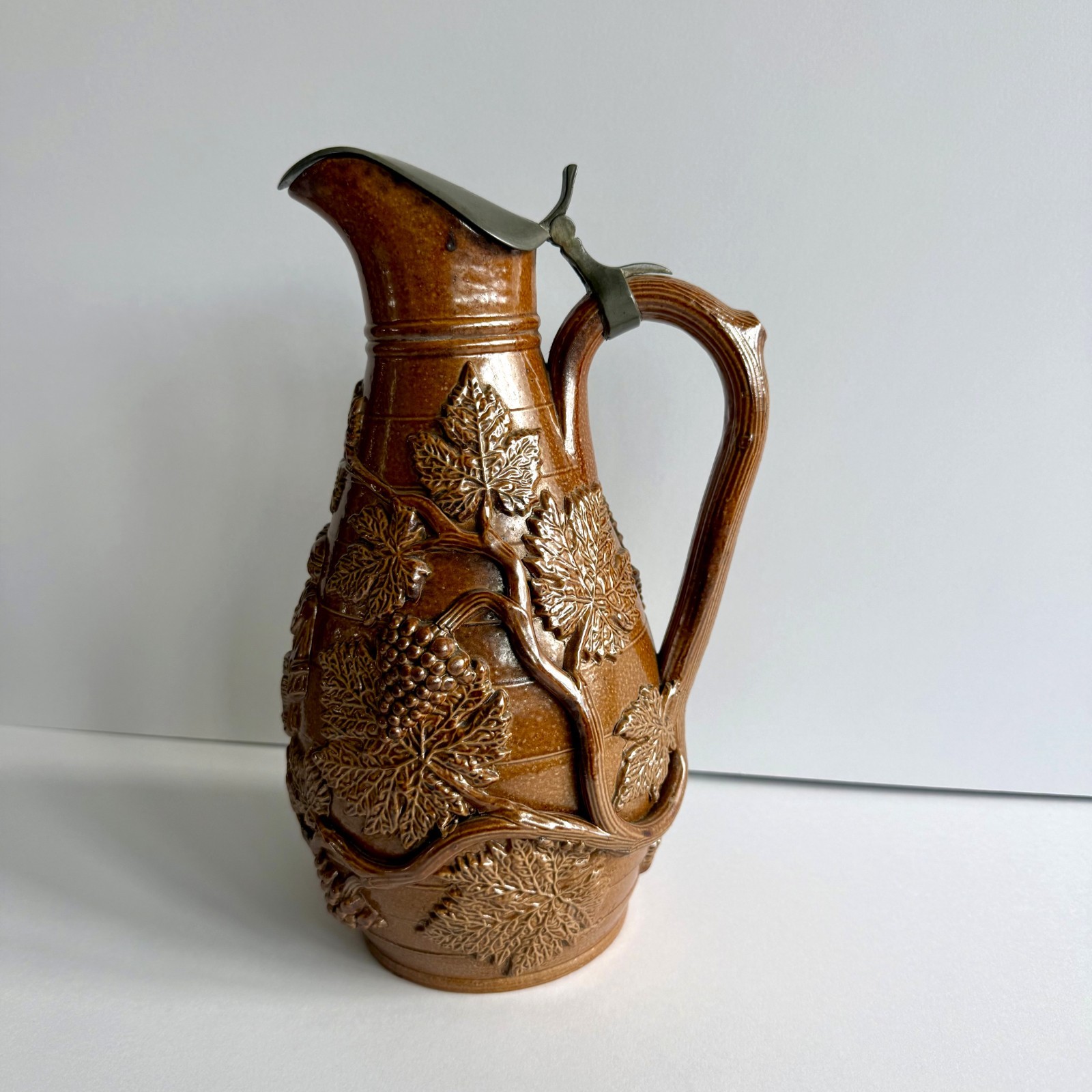 Antique 19th C Stoneware Wine Jug Grapevine Relief Pewter Lid French Beauvais St
