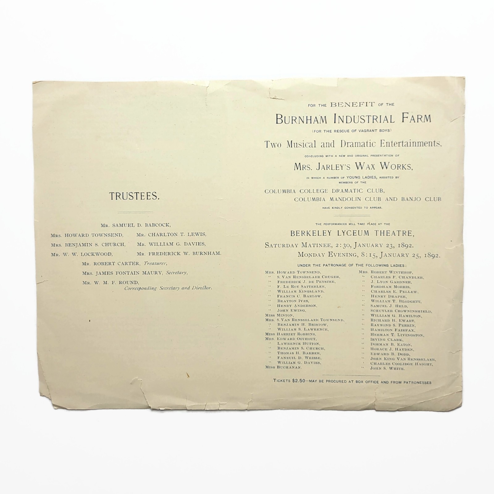 Antique 1892 Burnham Industrial Farm Benefit Program Berkeley Lyceum NYC Theatre Antique 1892 Burnham Industrial Farm Benefit Program Berkeley Lyceum NYC Theatre
