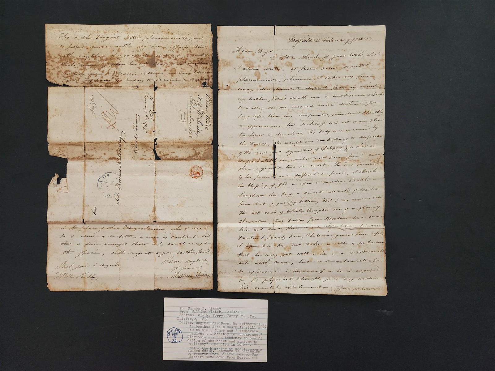 1838 antique THOMAS WISTER perry co pa DOCTOR’S LETTER langhorn scarlet fever