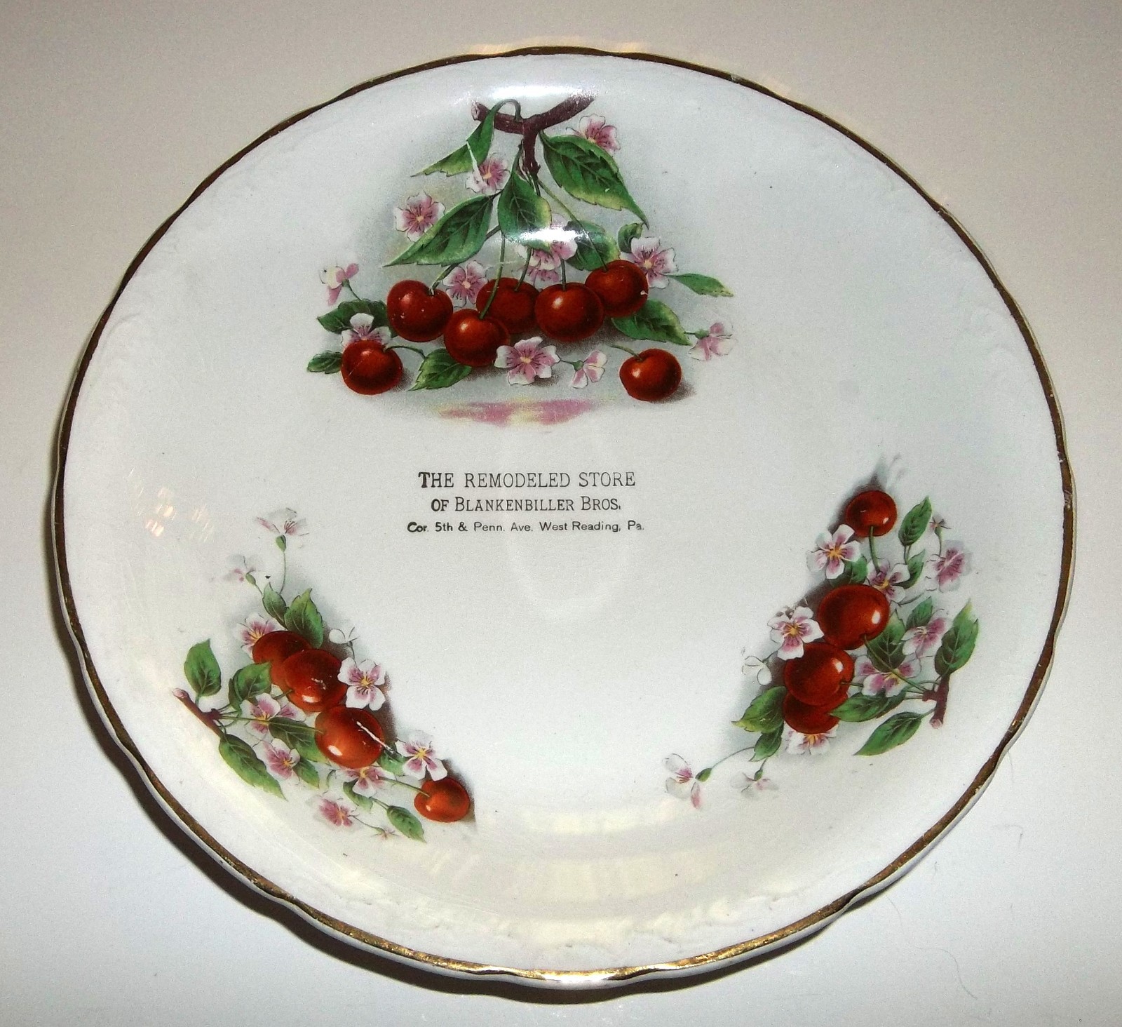 Antique Vtg Blankenbiller Bros Store West Reading PA Bowl Plate W/ Cherries Rare