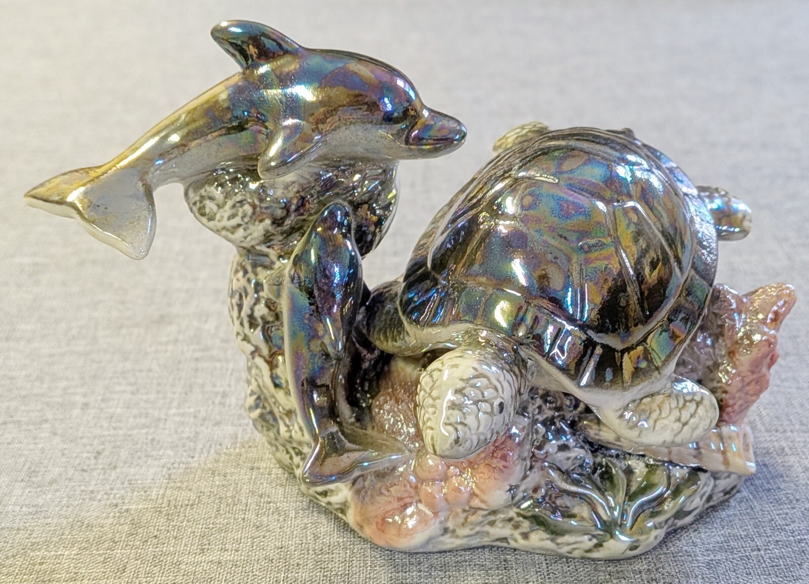 Vintage Iridescent Sea Turtle Dolphins Figurine Ceramic Lusterware Ocean Reef