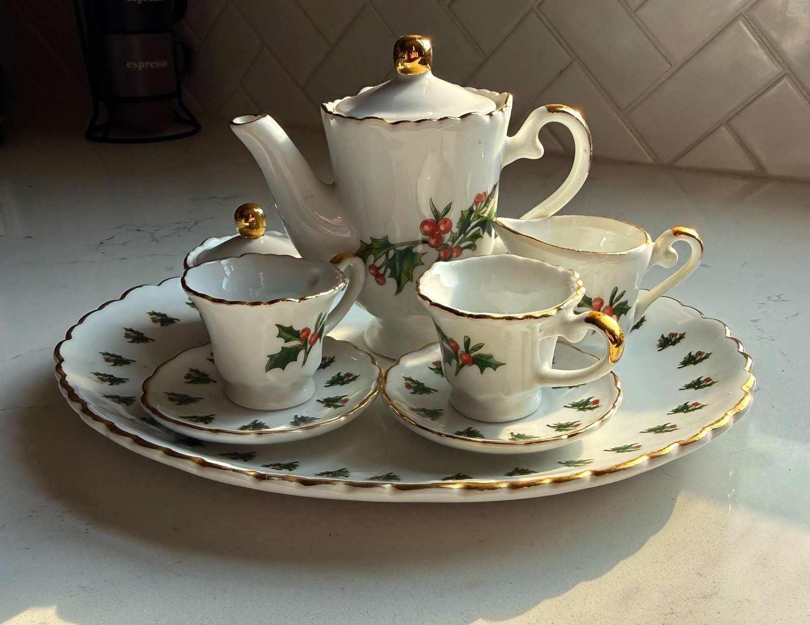 Porcelain Holly Christmas Tea Set White Gold Trim Teapot Cups Saucers Tray