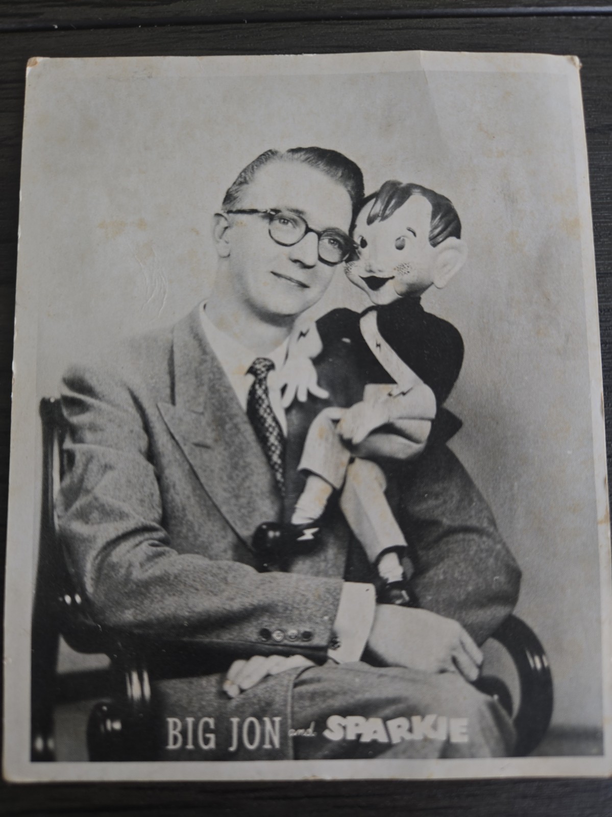 Vintage 1950\'s photo entertainer Big Jon with famous character puppet Sparkie