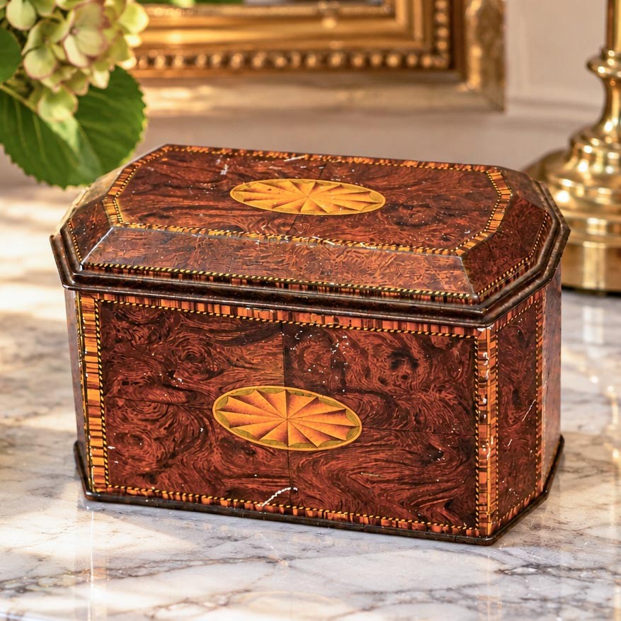 Vintage 1930s William Crawford Biscuit Tin Faux Wood Tea Caddy Box English Vintage 1930s William Crawford Biscuit Tin Faux Wood Tea Caddy Box English