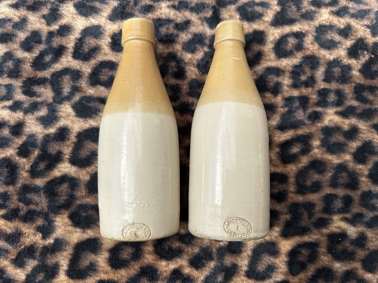 Antique J. Macintyre Liverpool Two Tone Glazed Stoneware Ginger Beer Ale Bottles