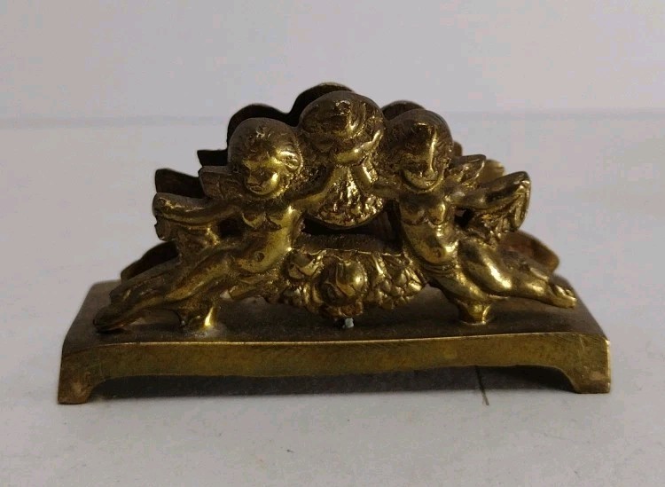 Vintage Solid Brass Business Card or Letter Holder w/ Angels Double Sided 2.75\