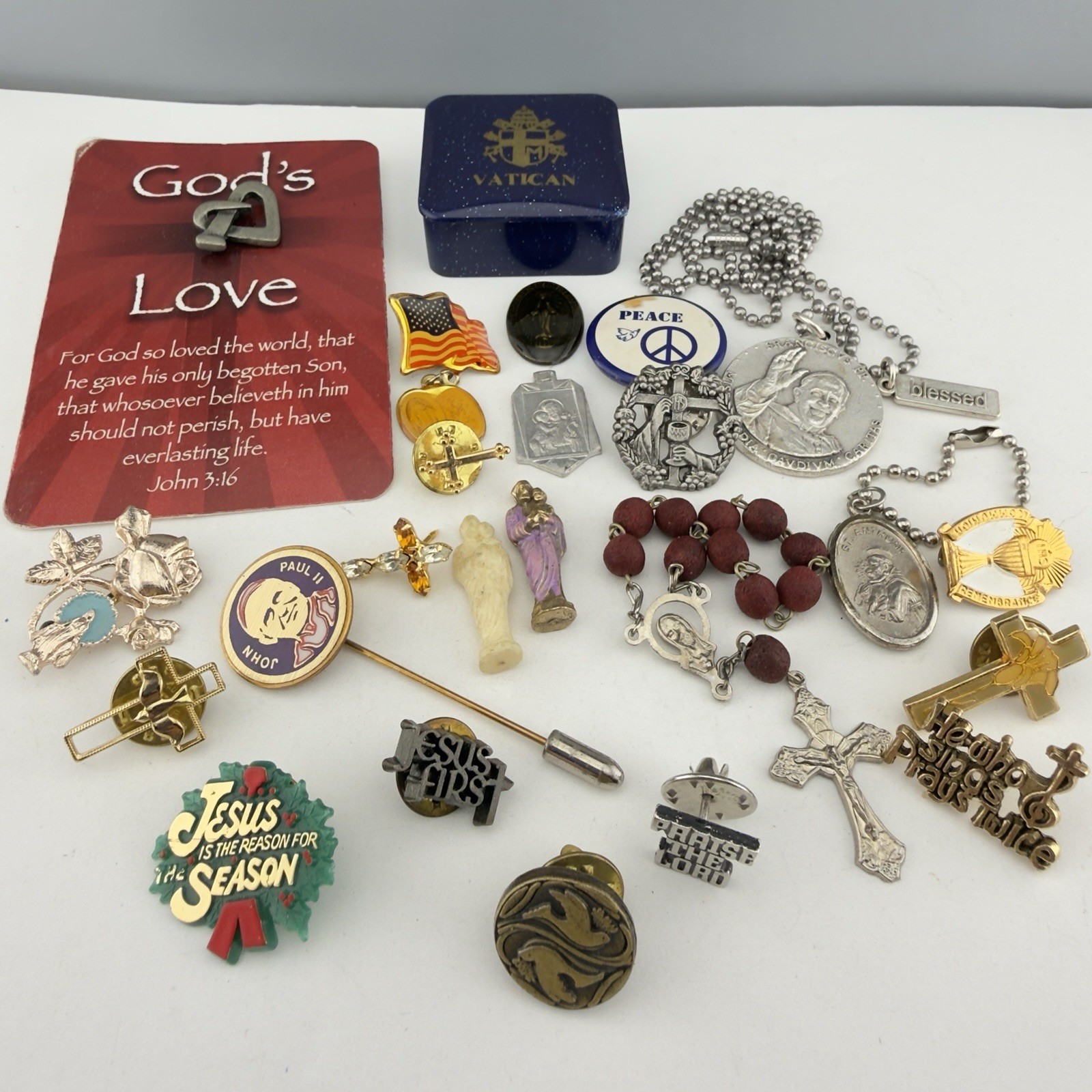 Vintage Religious Lot Medals Rosary Tie Pins Tacks Cross Necklace Vatican Charms Vintage Religious Lot Medals Rosary Tie Pins Tacks Cross Necklace Vatican Charms