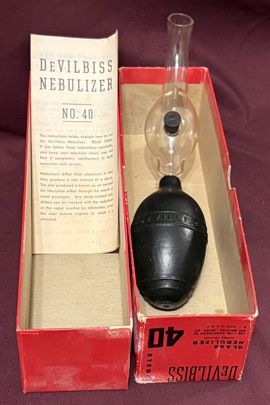 Vintage 1930\'s DeVilbiss Nebuluzer #40 Glass Perfume Medical spray unit Box