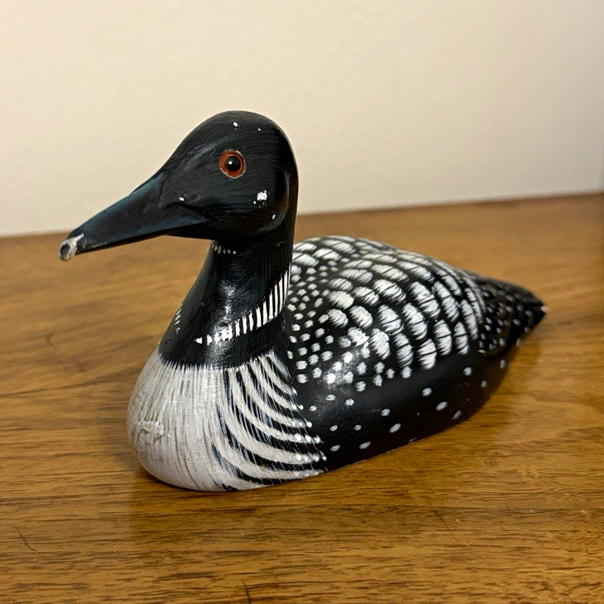 VTG Wood Hand Carved Loon Duck Decoy Painted Red Eyes Folk Art Primitive 7”