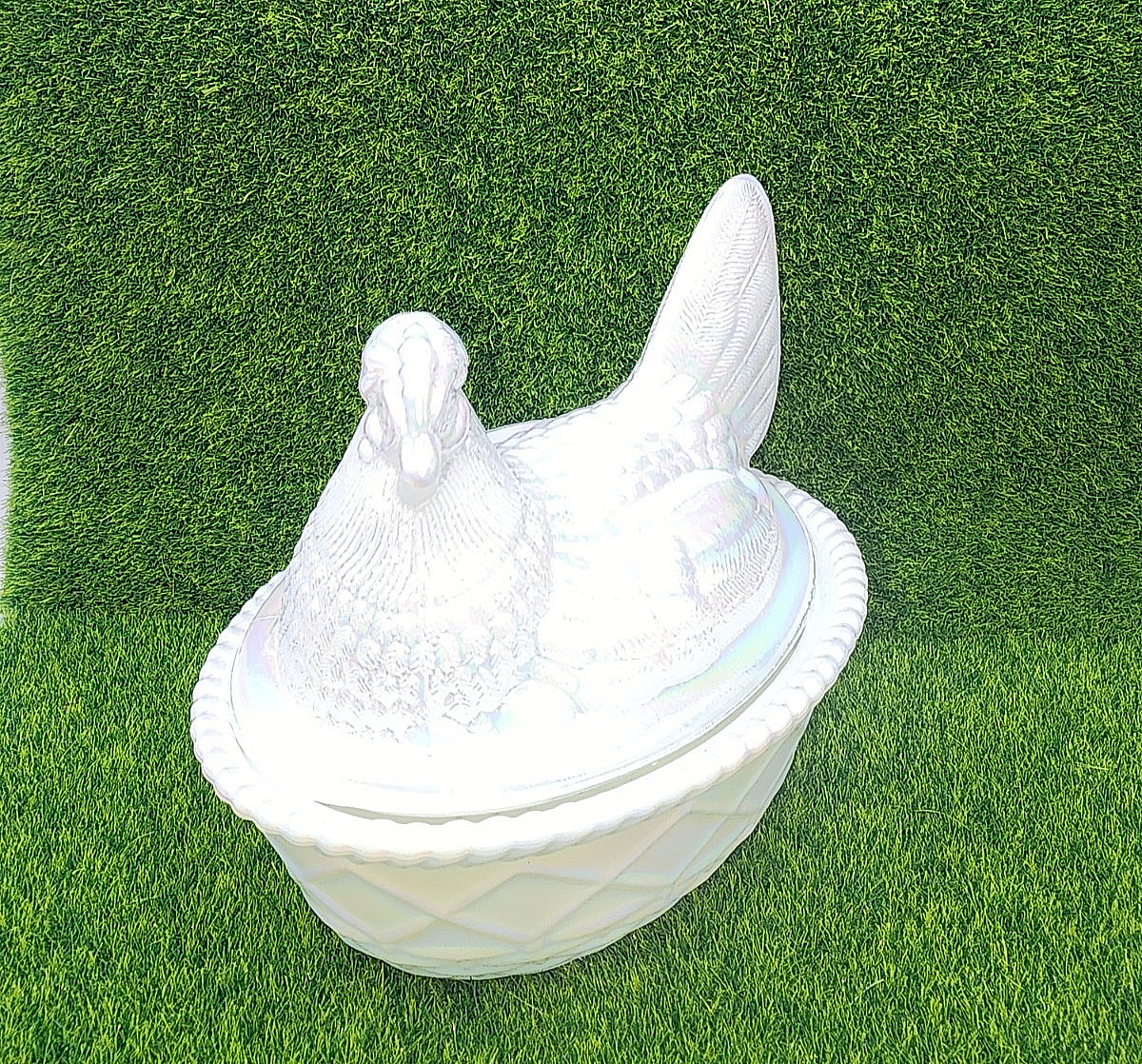 Mosser Milk Glass Hen on Nest Chicken with a Split Tail on a Woven Nest