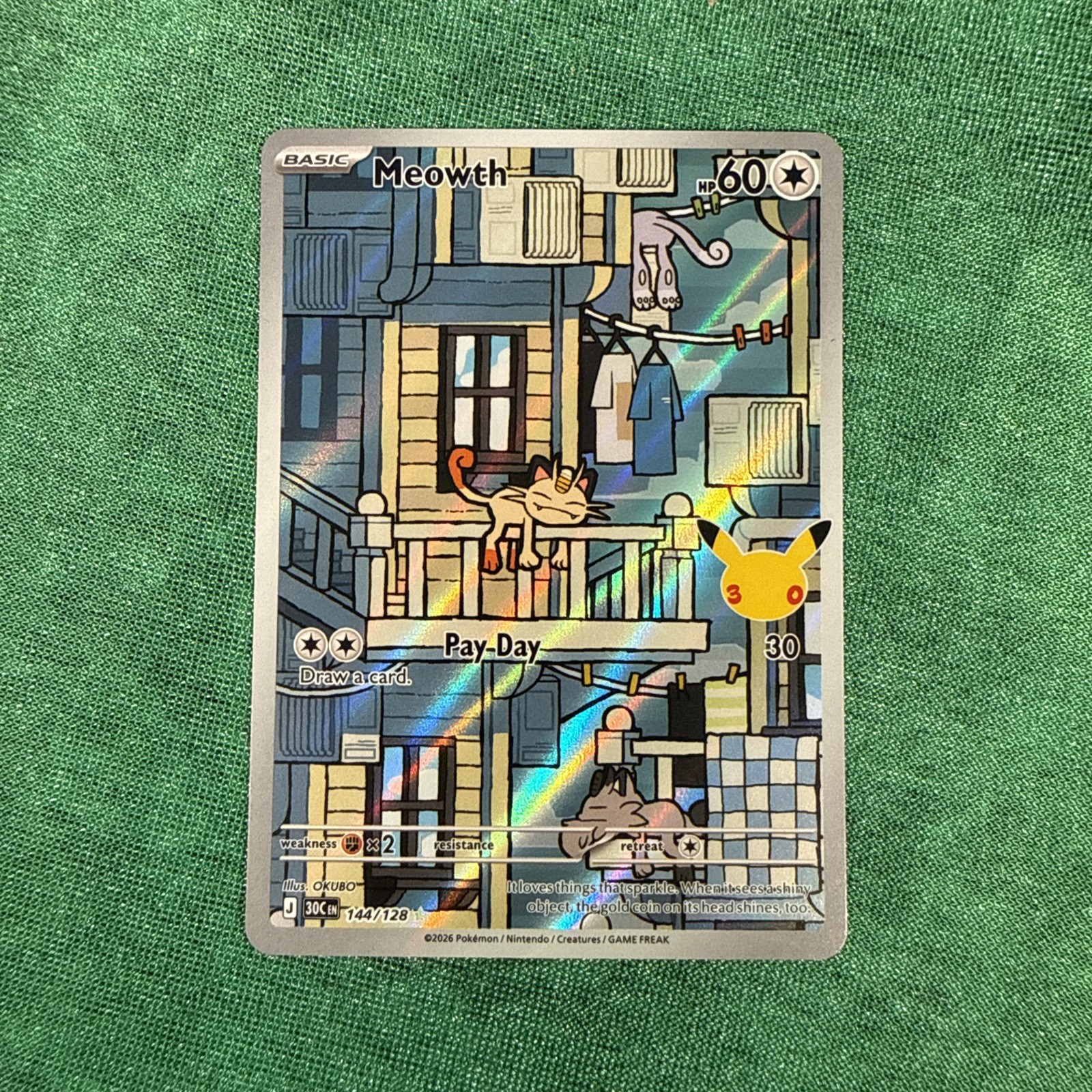 Meowth 144/128 Holo Illustration Rare ME: 30th Celebration Pokemon TCG NM/M 