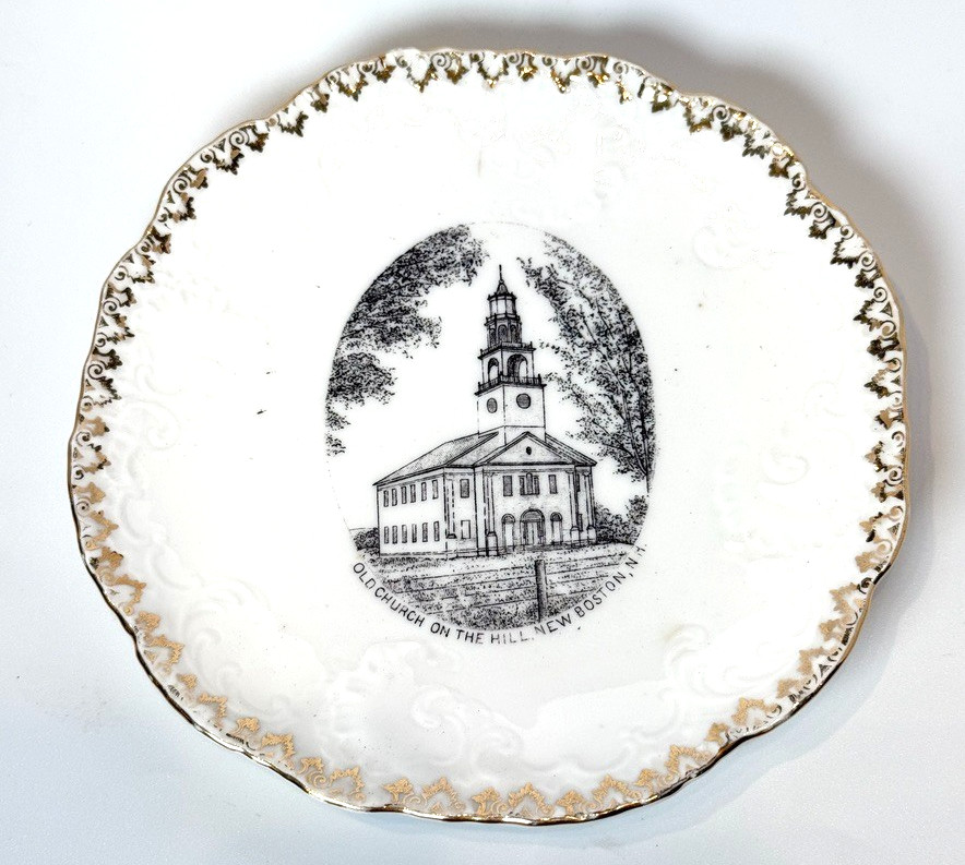 NEW BOSTON Old Church NEW HAMPSHIRE Antique Souvenir China TRINKET DISH PLATE NEW BOSTON Old Church NEW HAMPSHIRE Antique Souvenir China TRINKET DISH PLATE