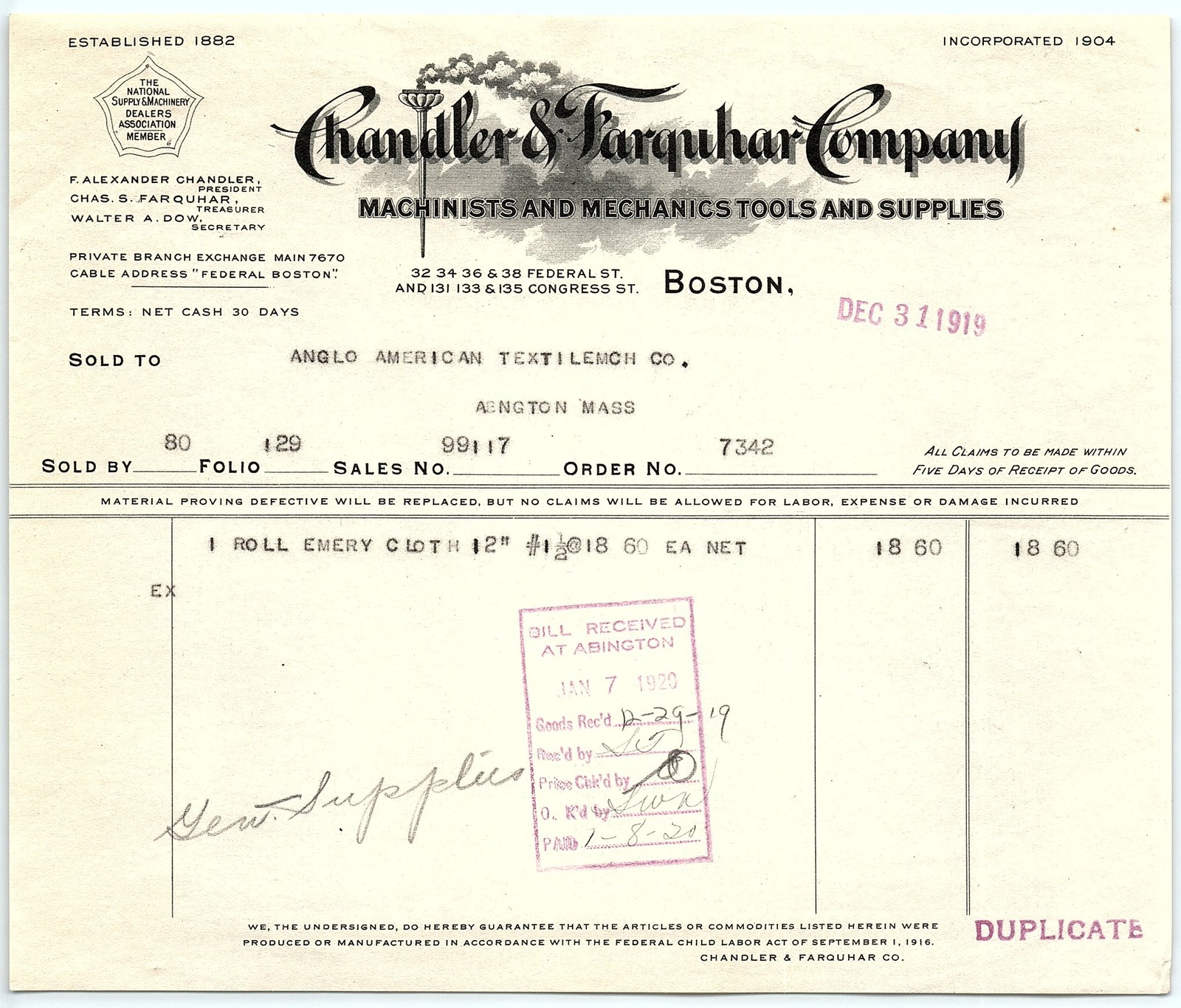 1919 Chandler & Farquhar Co. Billhead - Machinists Tools