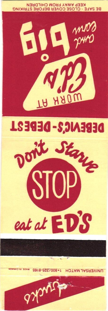 Ed Debevic\'s Famous Since 1984 Restaurant Vintage Matchbook Cover