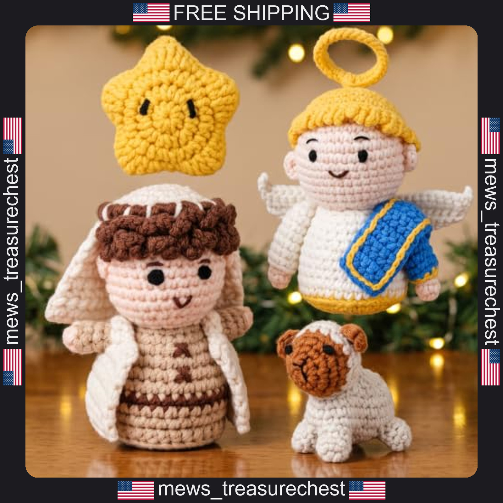 Crochet Nativity Set 4-Piece Angel Shepherd Lamb Bethlehem Star Christmas Decor