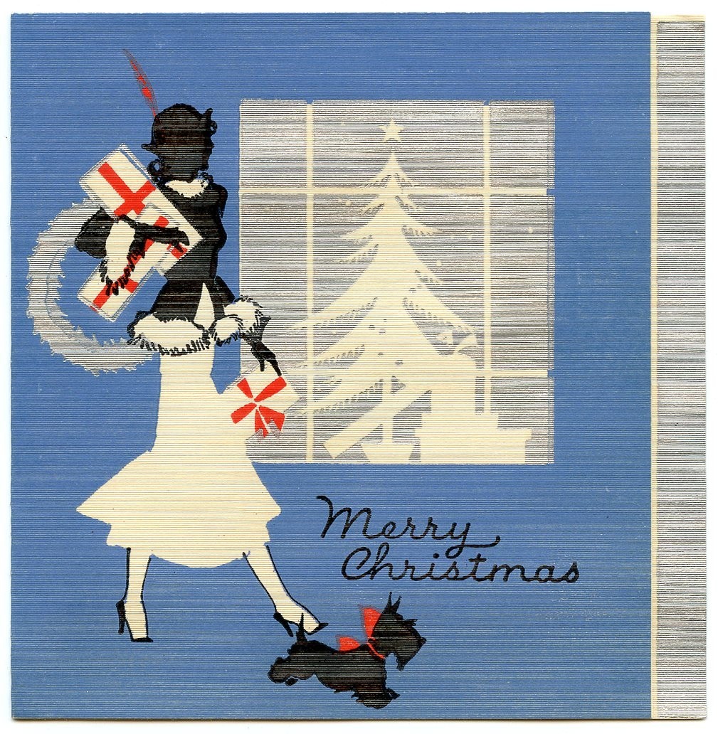 Vintage 1936 Art Deco Christmas Card Woman Scottie Dog Gifts Silhouettes Blue