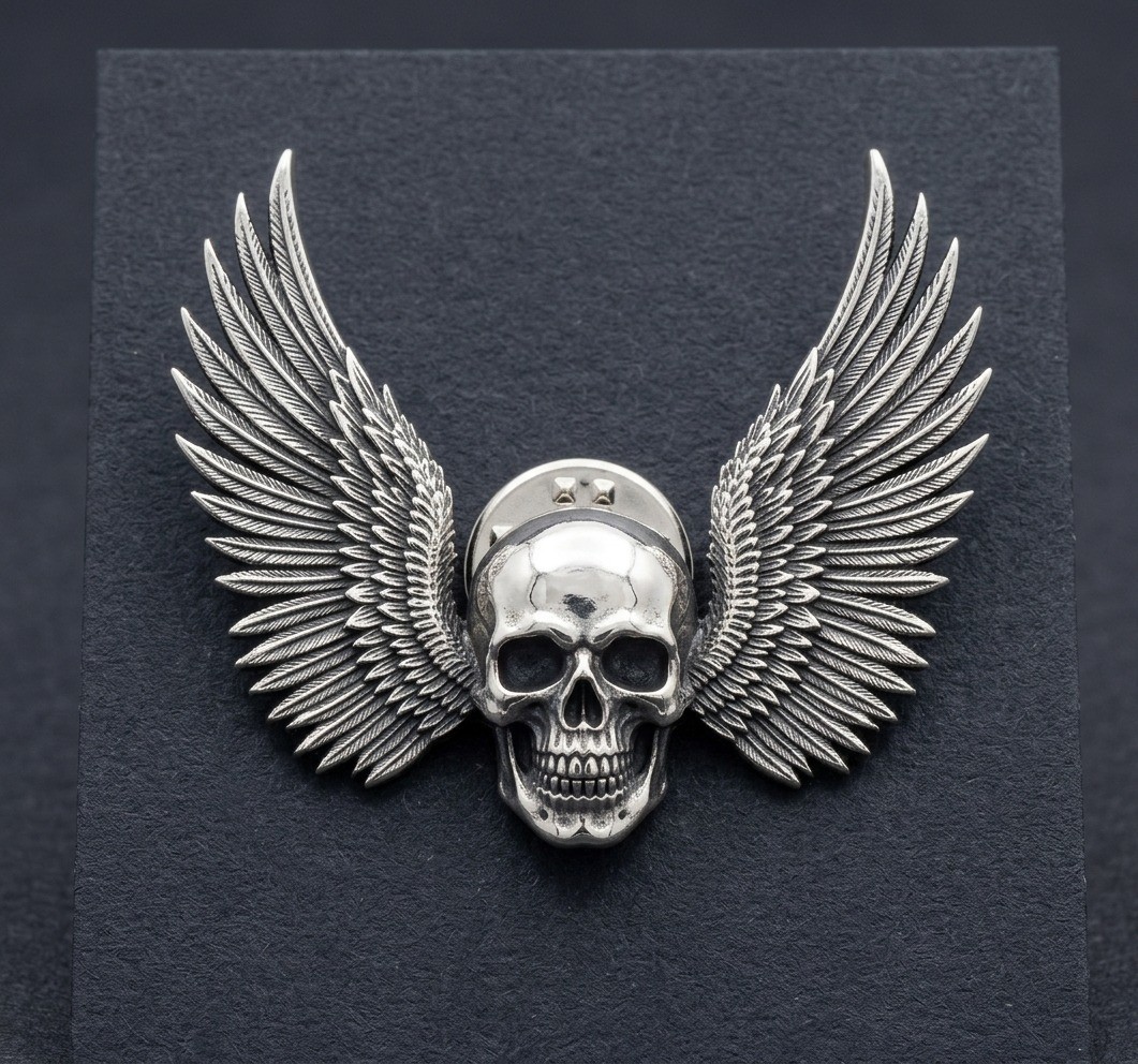 Large Winged Skull Metal Pin Gothic Biker Motorcycle Jacket Vest Badge Brooch