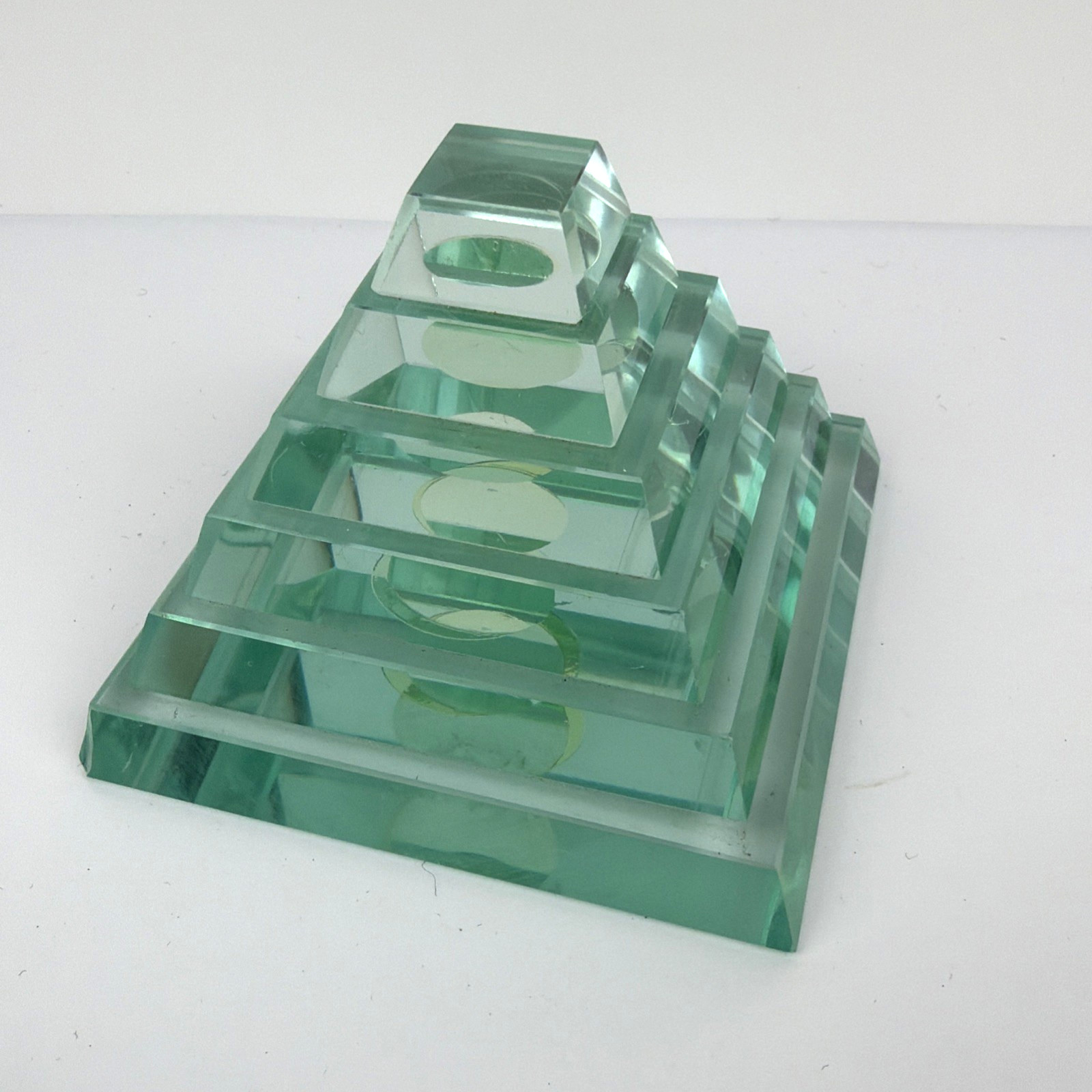 Vintage Art Glass Pyramid Paperweight Stepped Geometric Seafoam Green Heavy Vintage Art Glass Pyramid Paperweight Stepped Geometric Seafoam Green Heavy
