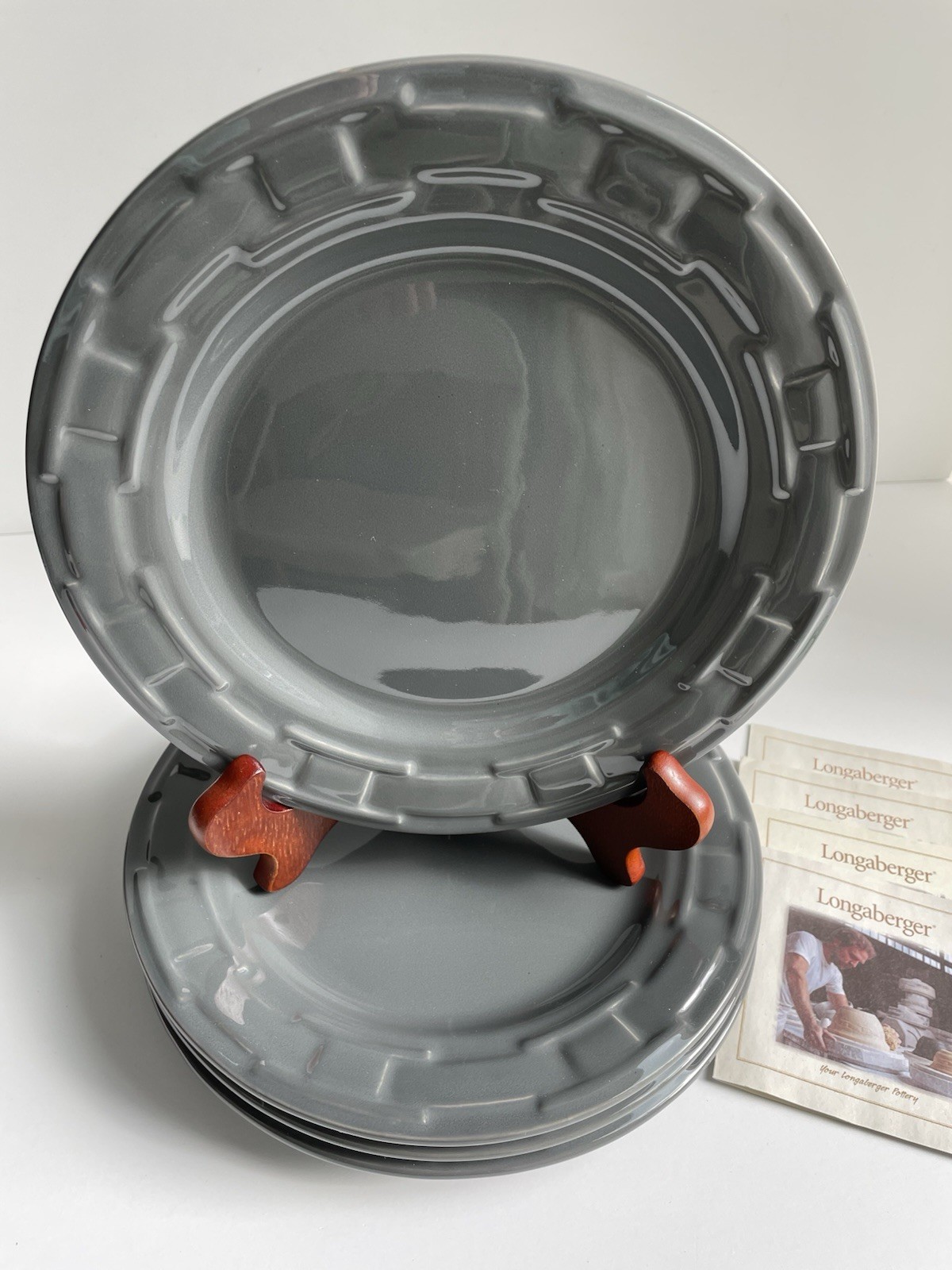 Longaberger Pottery Woven Traditions Set of 4 Pewter Gray 9” Luncheon Plates NIB