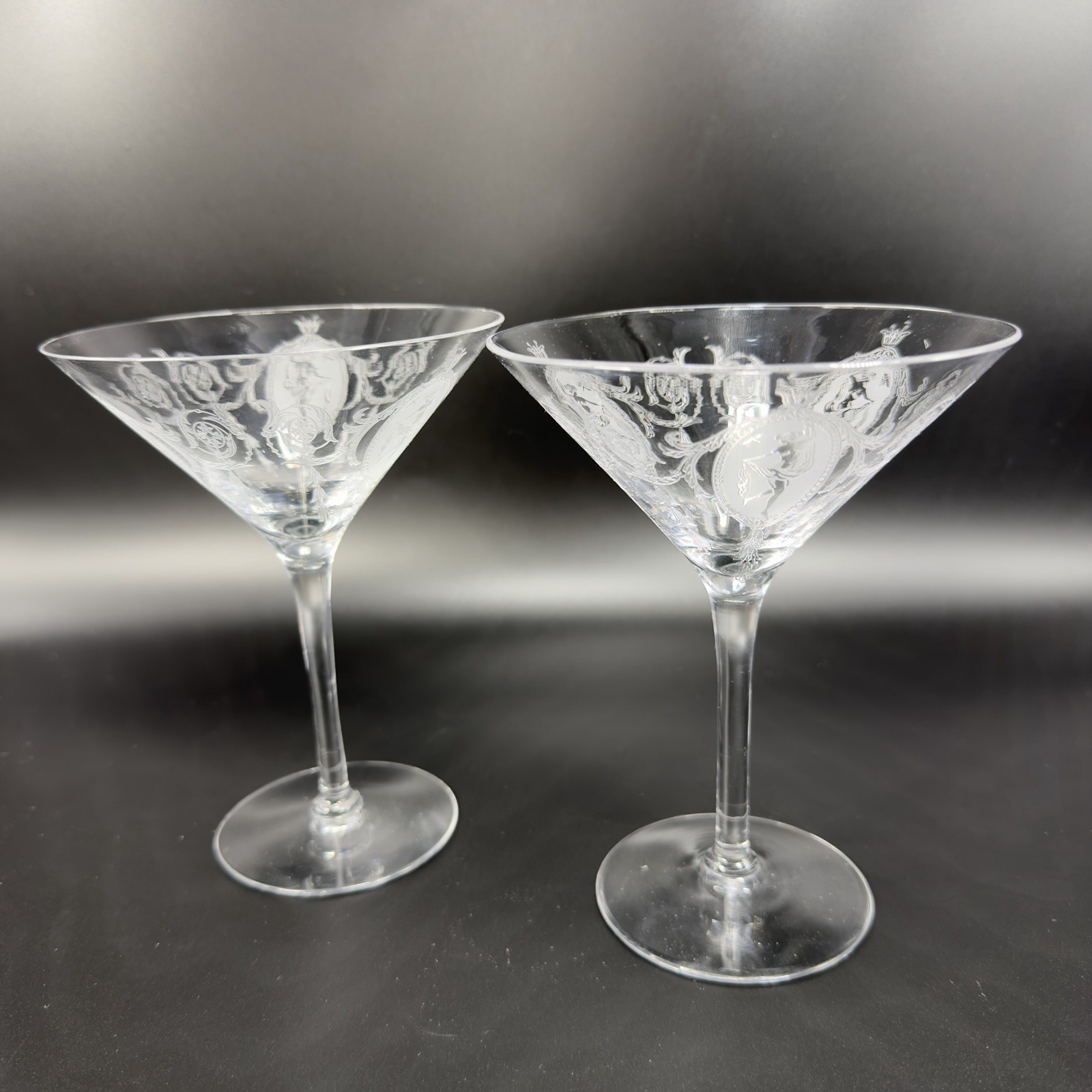 Tiffin Franciscan Classic Shawl Dancer Cameo Etched Nude Dancer Martini Glasses